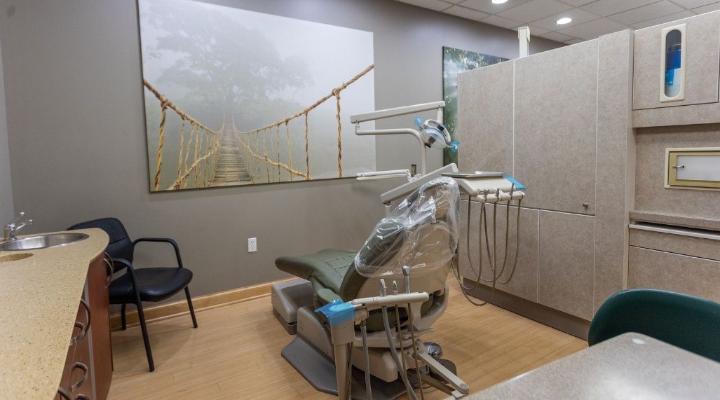Dental chair with painting of a bridge on wall